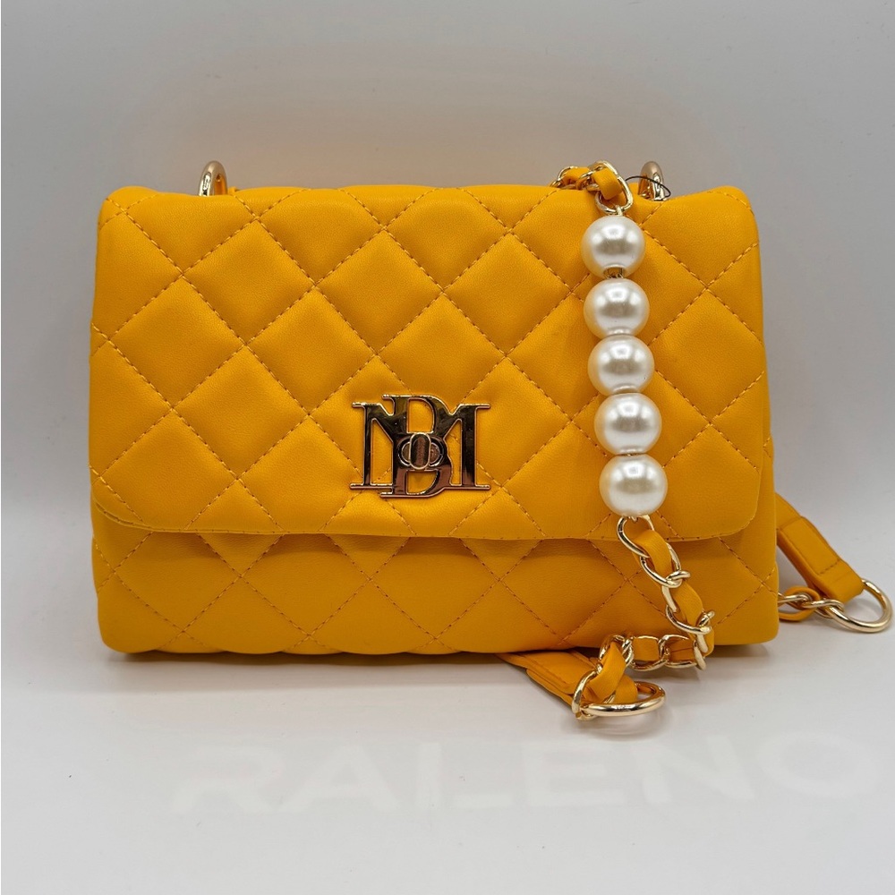Badgley Mischka Yellow Quilted Handbag with Pearl Chain